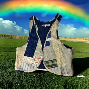 Ruehl Open Patchwork Print Boho Farm Cabin Hippie Cotton Girl's Vest Small